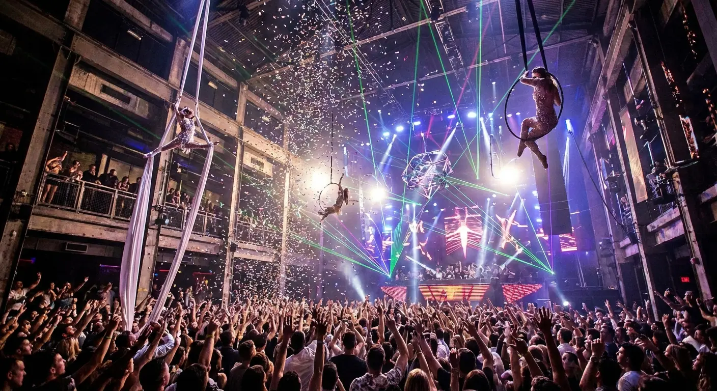 Acrobats performing above the crowd at Coco Bongo