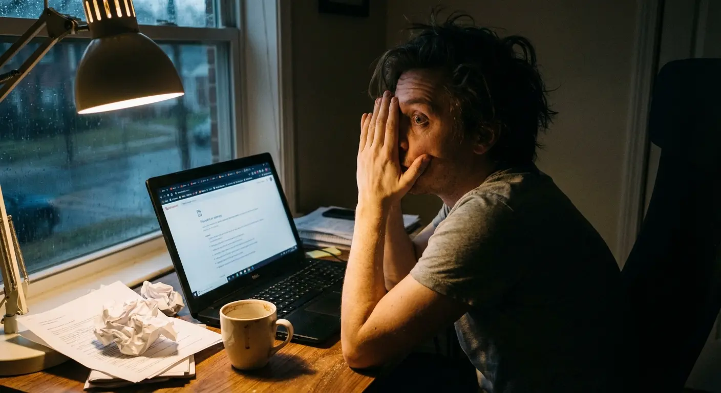 Wedding officiant writing a speech on a laptop
