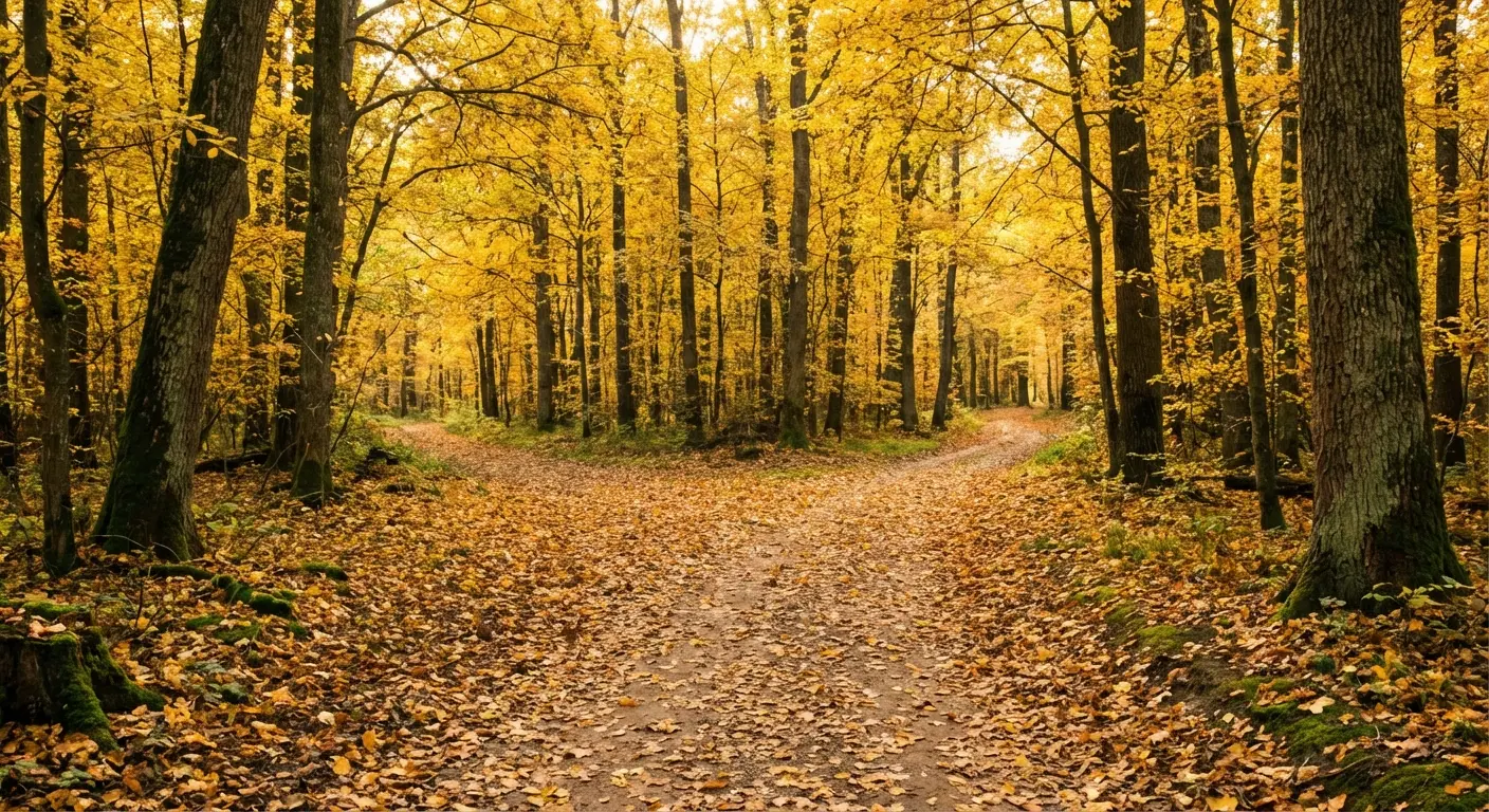 Diverging paths in a wood representing life choices