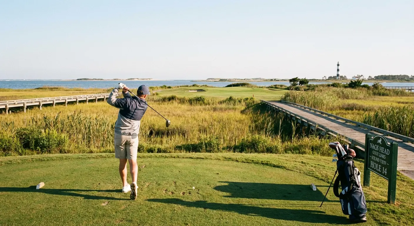 Golfer teeing off at Nags Head Golf Links with water view