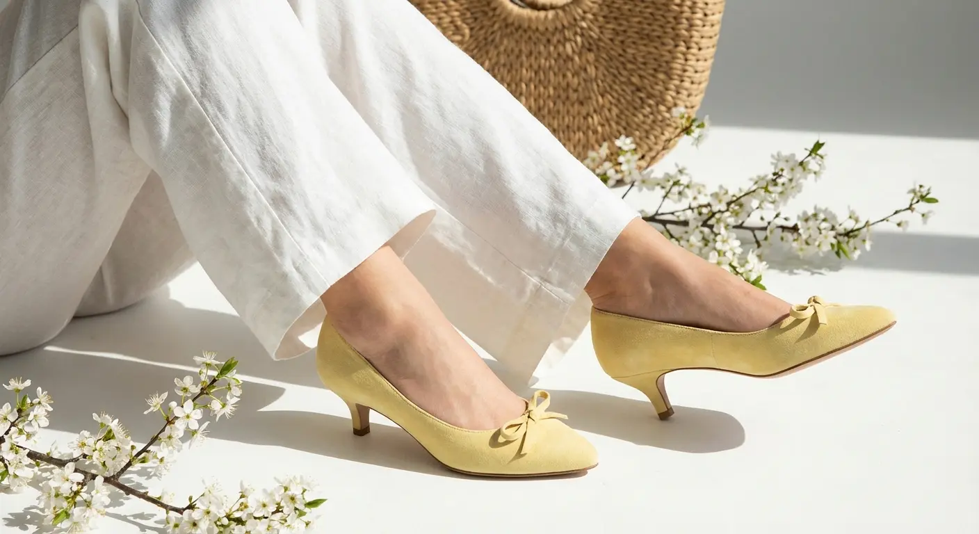 butter yellow kitten heels with white pants