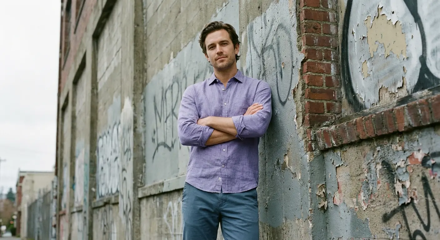 Slate blue trousers paired with a cool-toned purple shirt