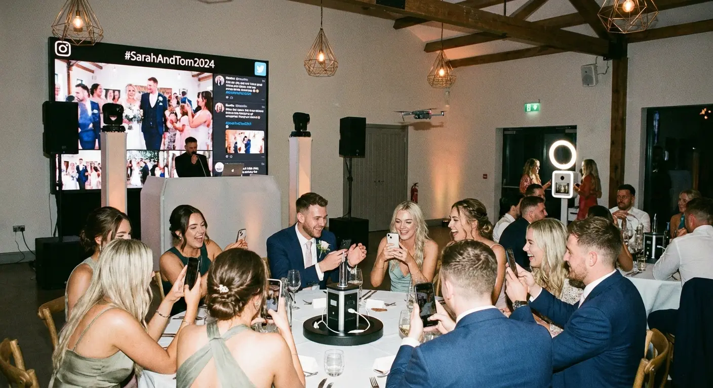 Modern wedding couple laughing at a speech