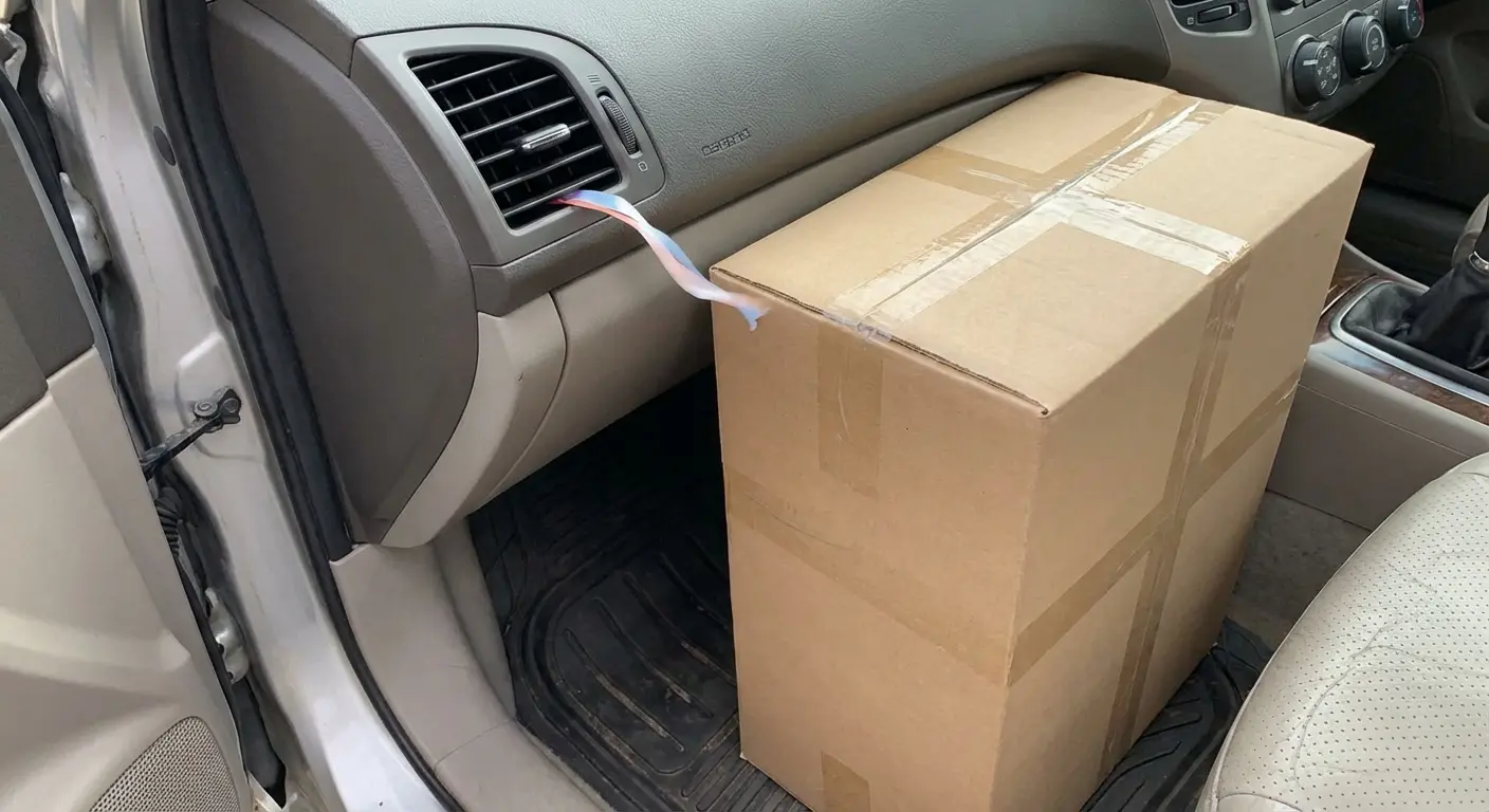 Cake box secured on the floorboard of a car for transport