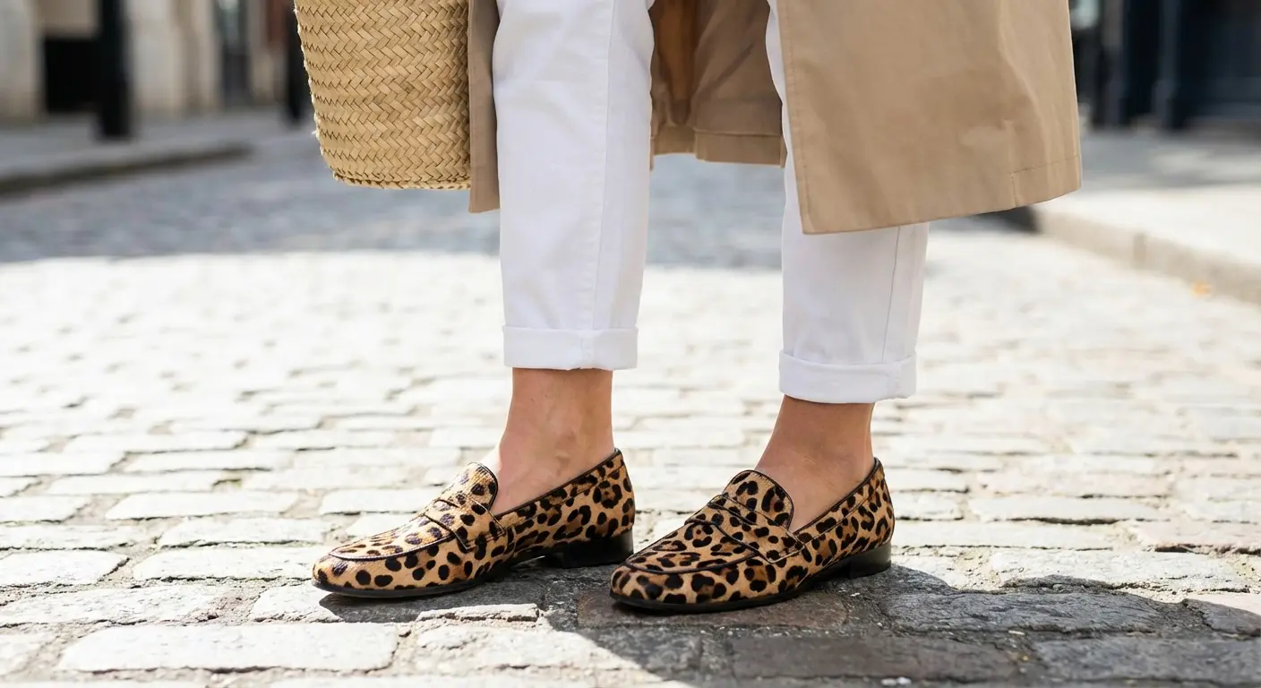 leopard print loafers with white pants