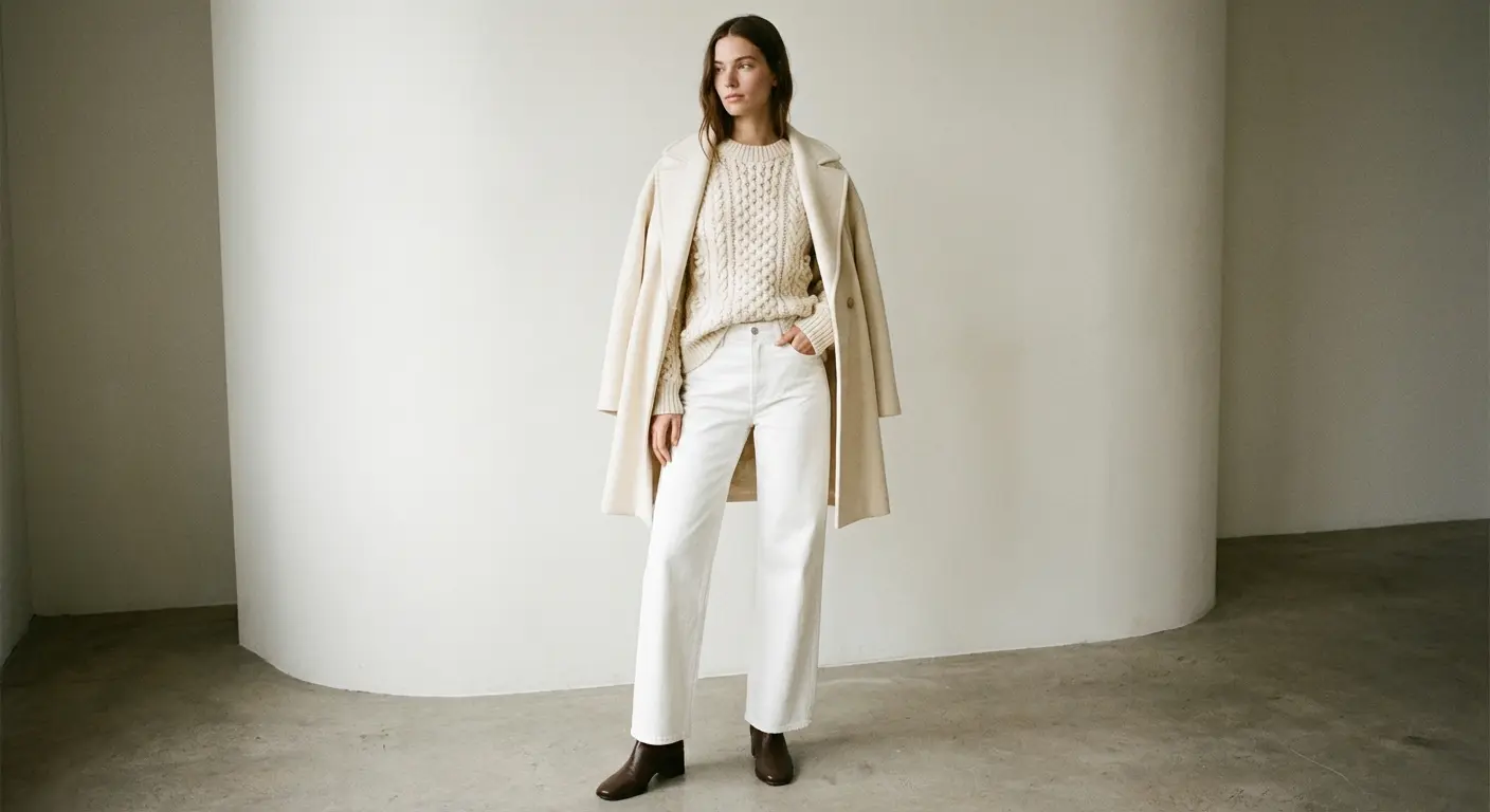 All white monochromatic outfit with texture mixing