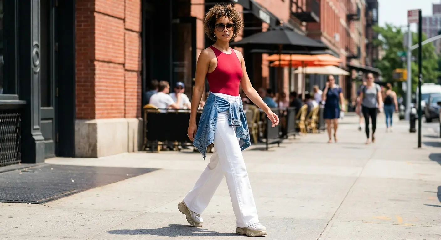 Cherry red bodysuit with white jeans