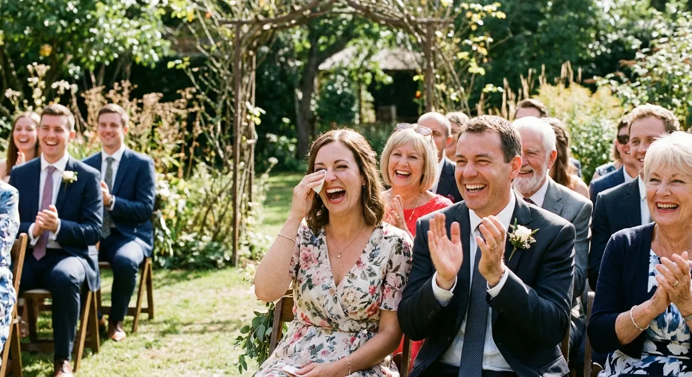 Wedding guests laughing during a humorous ceremony