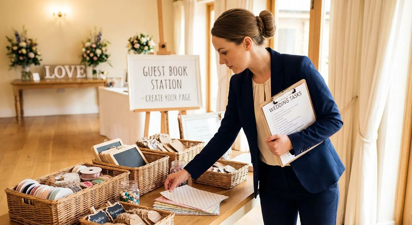 Professional bridesmaid helping guests with bachelorette party crafts