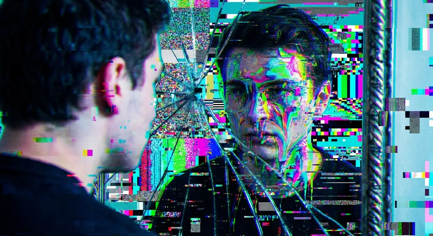 Glitch art of a mirror reflection.