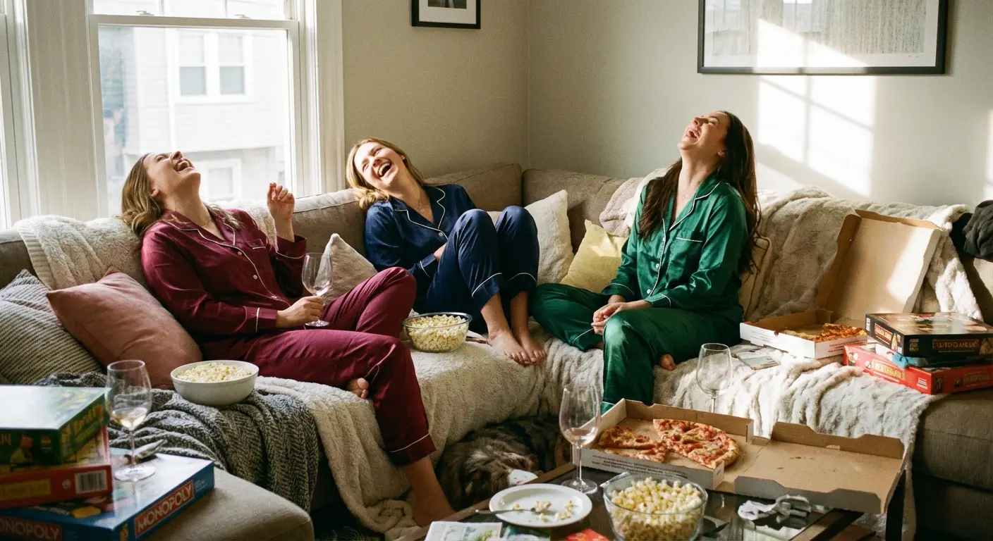 Group of friends celebrating at a bachelorette slumber party
