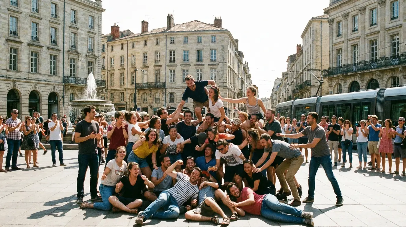 Group of friends and strangers forming a human pyramid