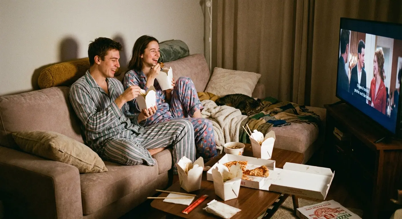 Couple enjoying a modern date night on the couch