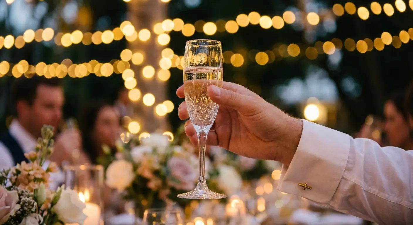 Close up of microphone and champagne glass for a wedding speech