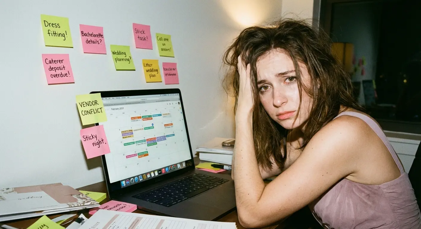 Stressed bridesmaid looking at a wedding planner