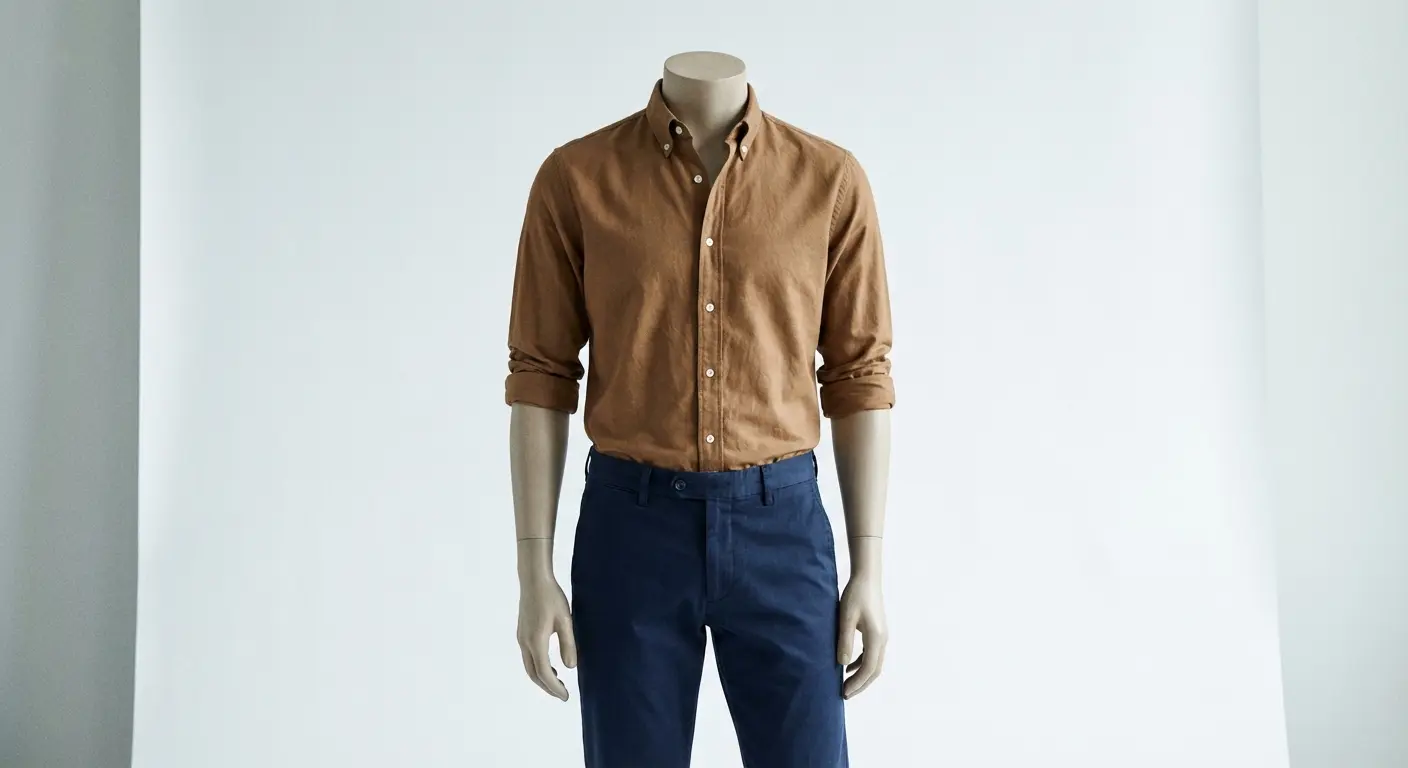 Navy blue chinos with brown shirt