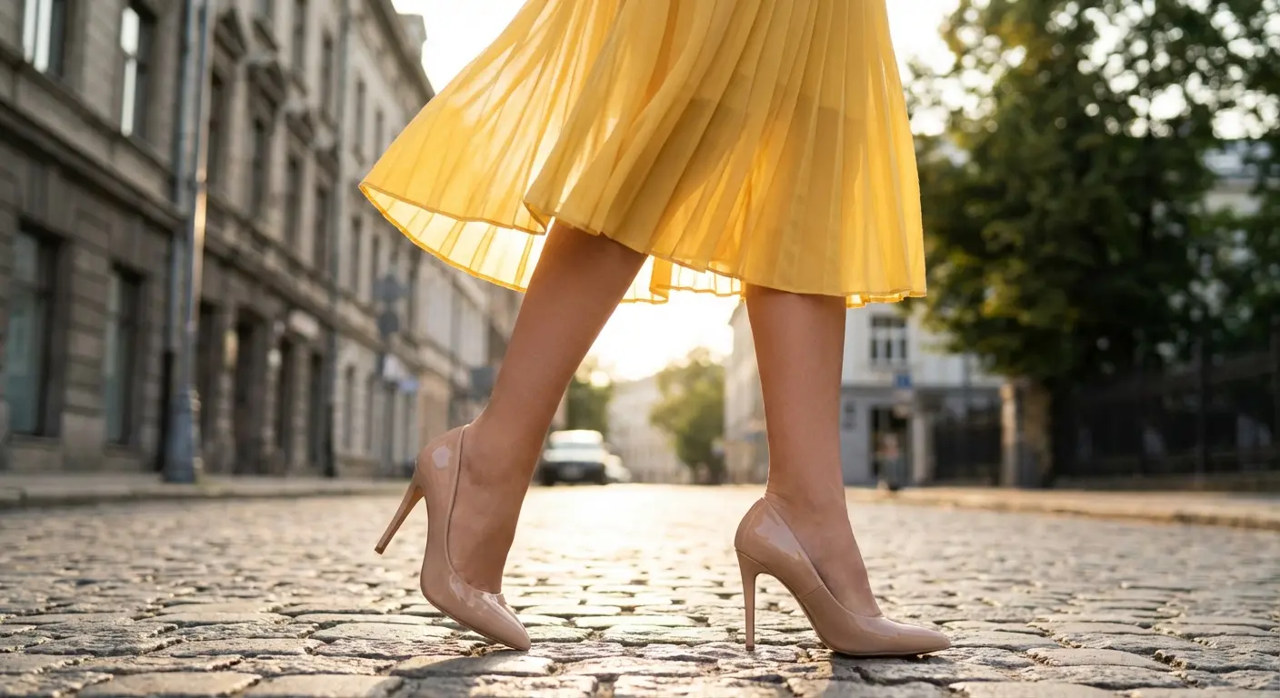 Nude heels paired with a yellow dress for a leg-lengthening effect