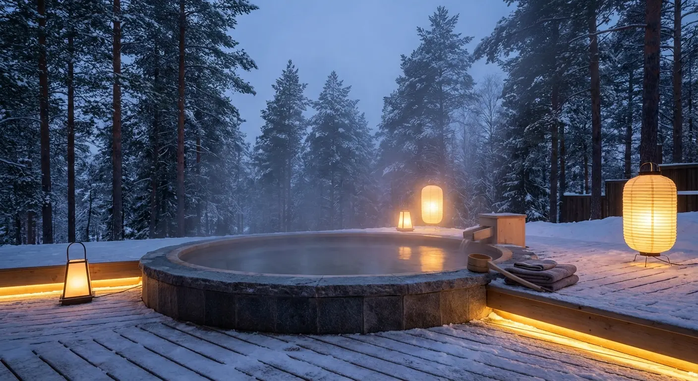 Japanese-inspired hot spring tub at Ten Thousand Waves resort