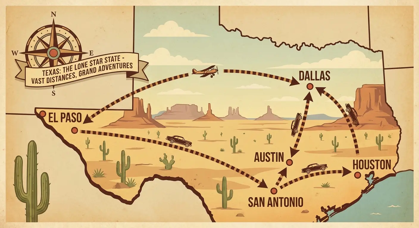 Map illustrating the vast travel distances between Texas cities