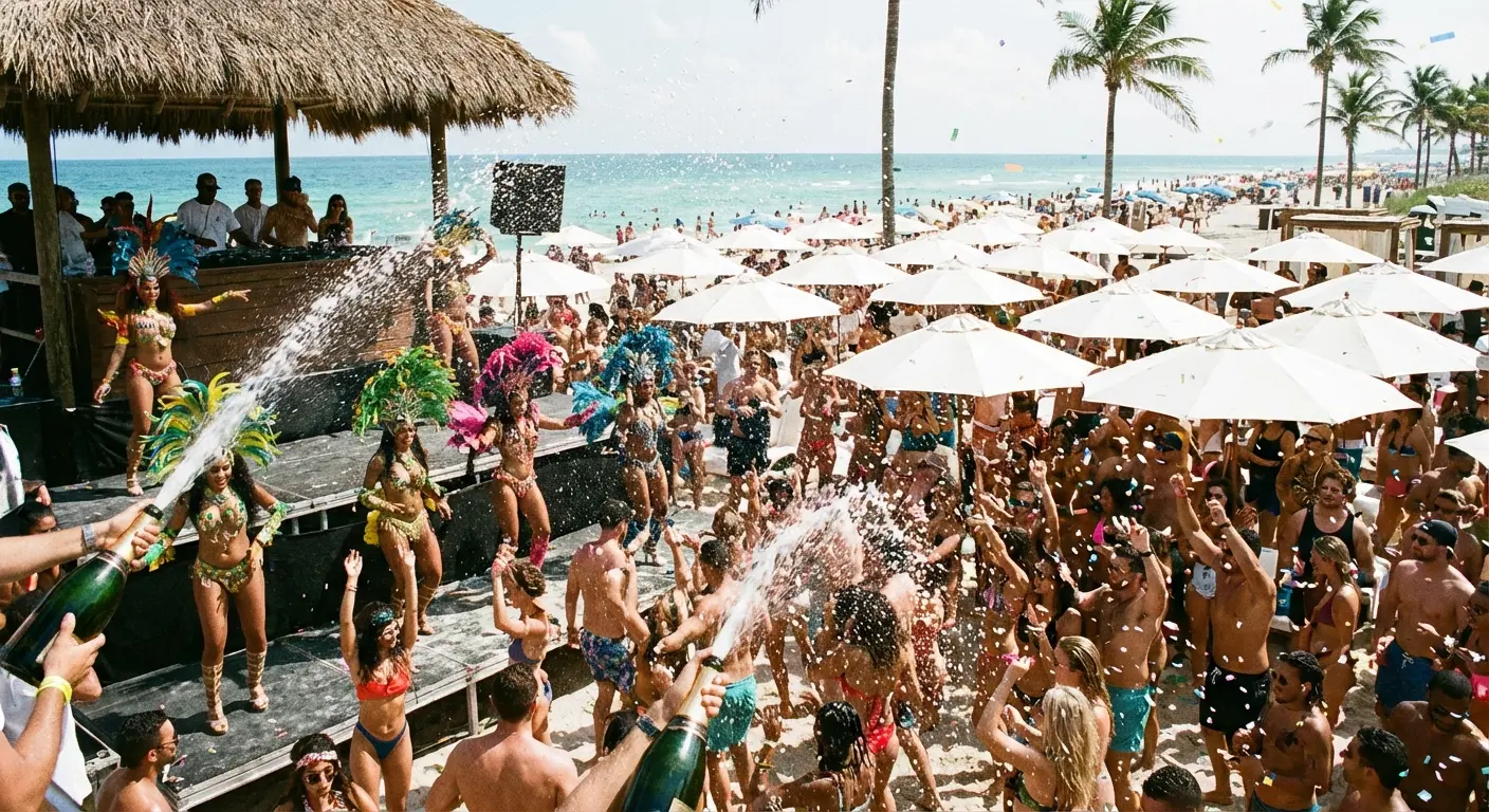 High energy crowd partying at Coralina Daylight Club with champagne