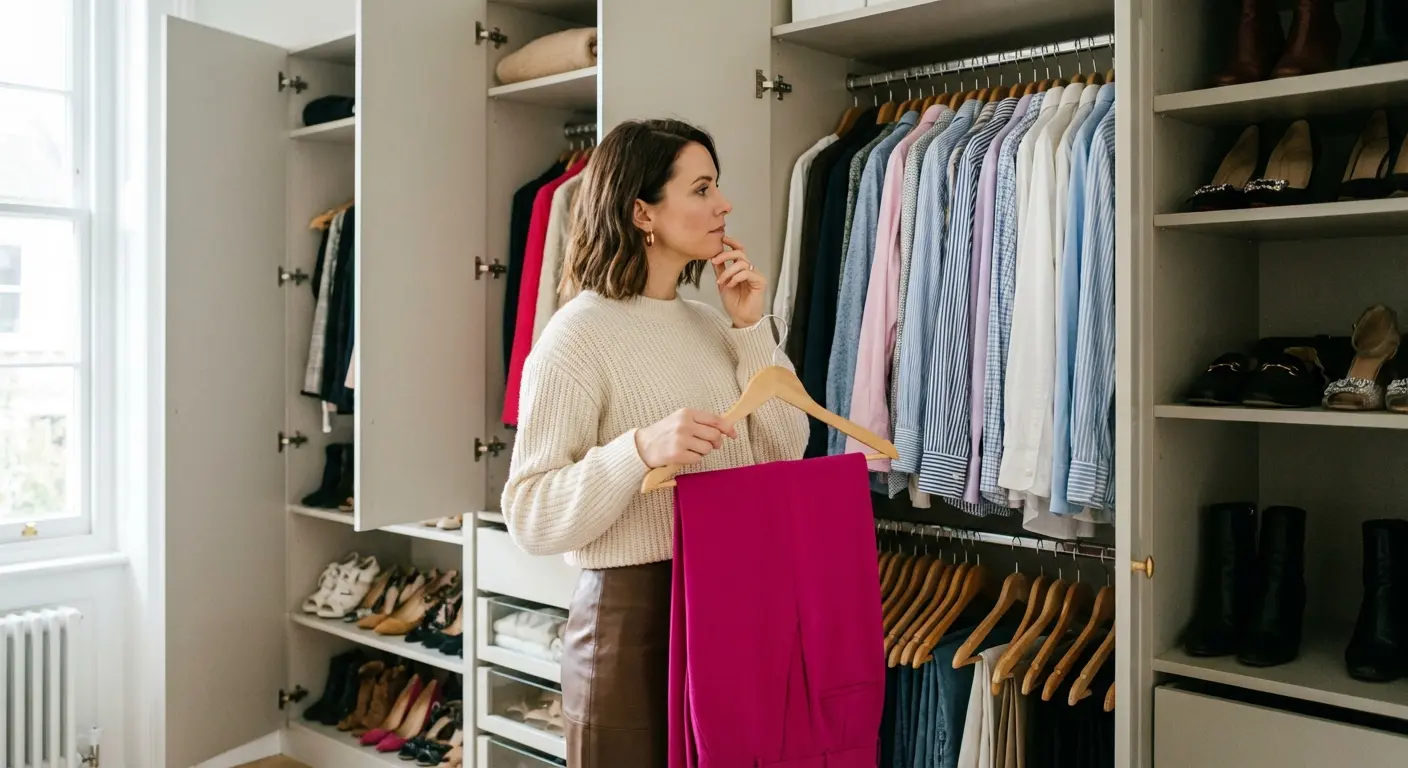 Woman standing in front of closet looking for shirt colors pink pants