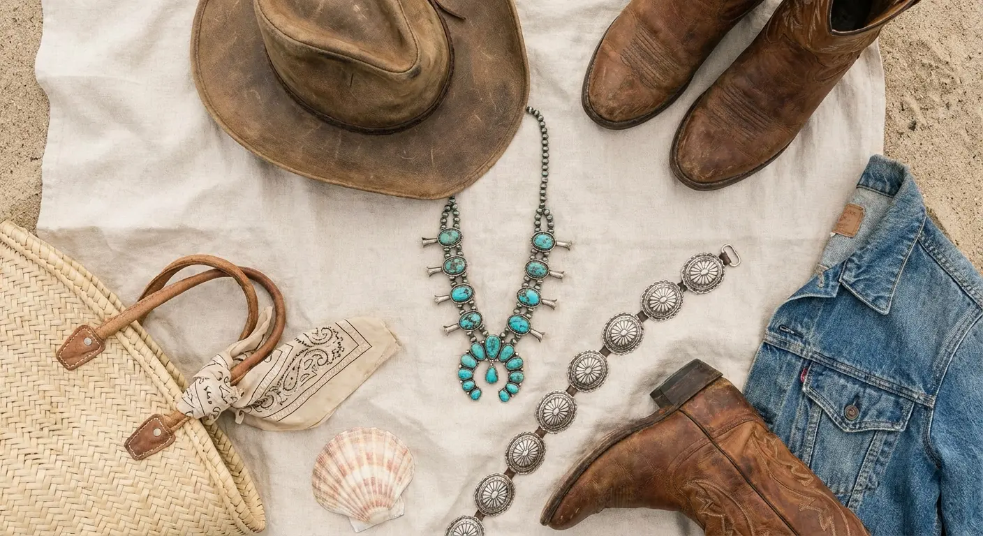 Coastal Cowgirl fashion aesthetic with neutral tones and cowboy boots