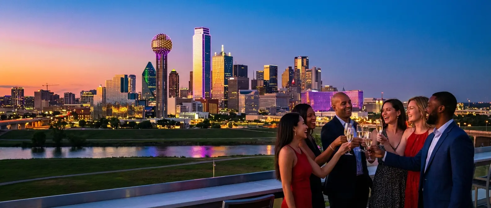 Group of women celebrating a bachelorette party with the Dallas skyline in the background