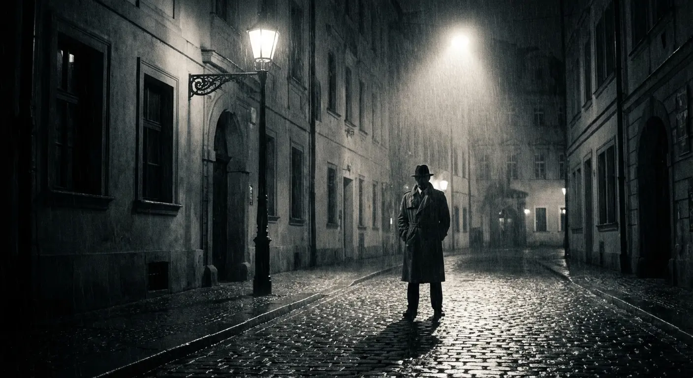 Person walking alone on a rainy city street at night