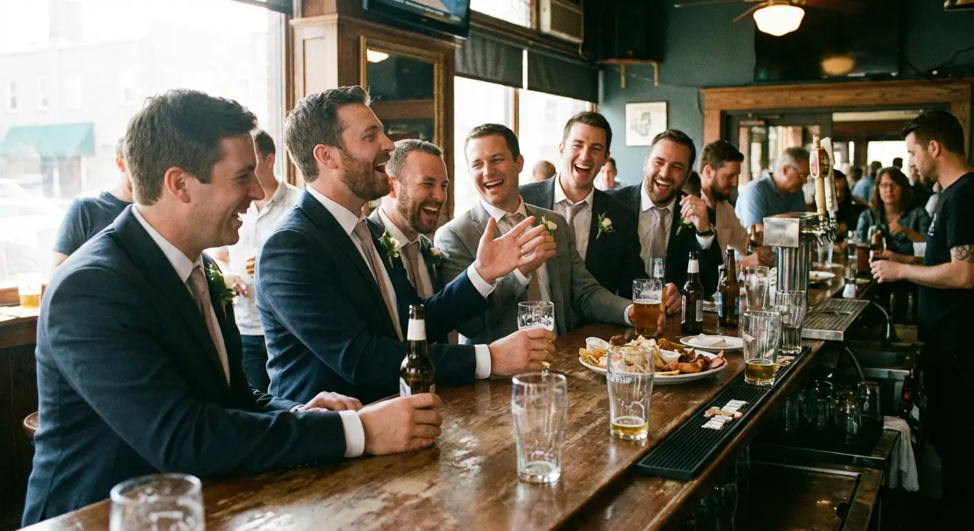 Groomsmen laughing together during speech prep