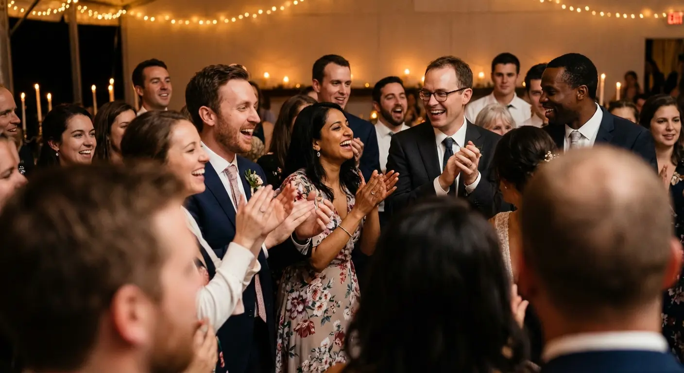 Wedding guests laughing at a speech