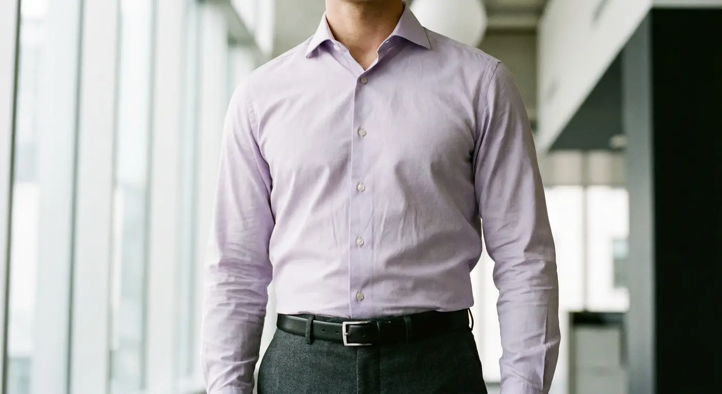 Charcoal grey wool trousers paired with a purple shirt