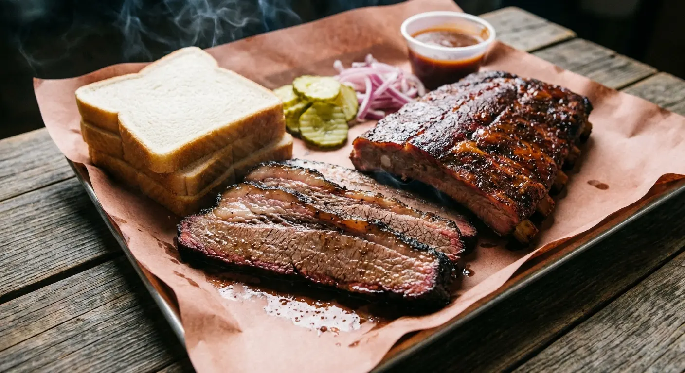 Tray of Franklin BBQ brisket and sides in Austin