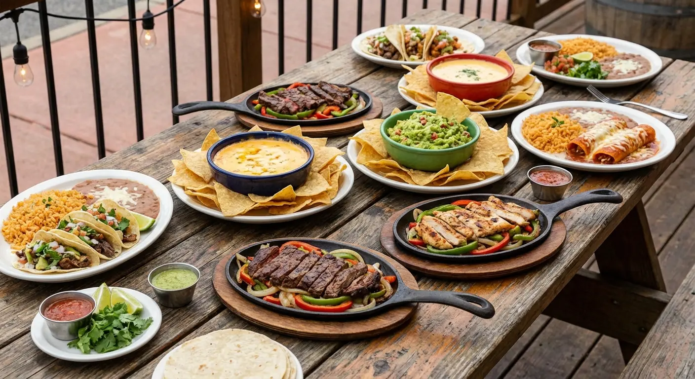 Large platter of Tex-Mex fajitas and queso dip