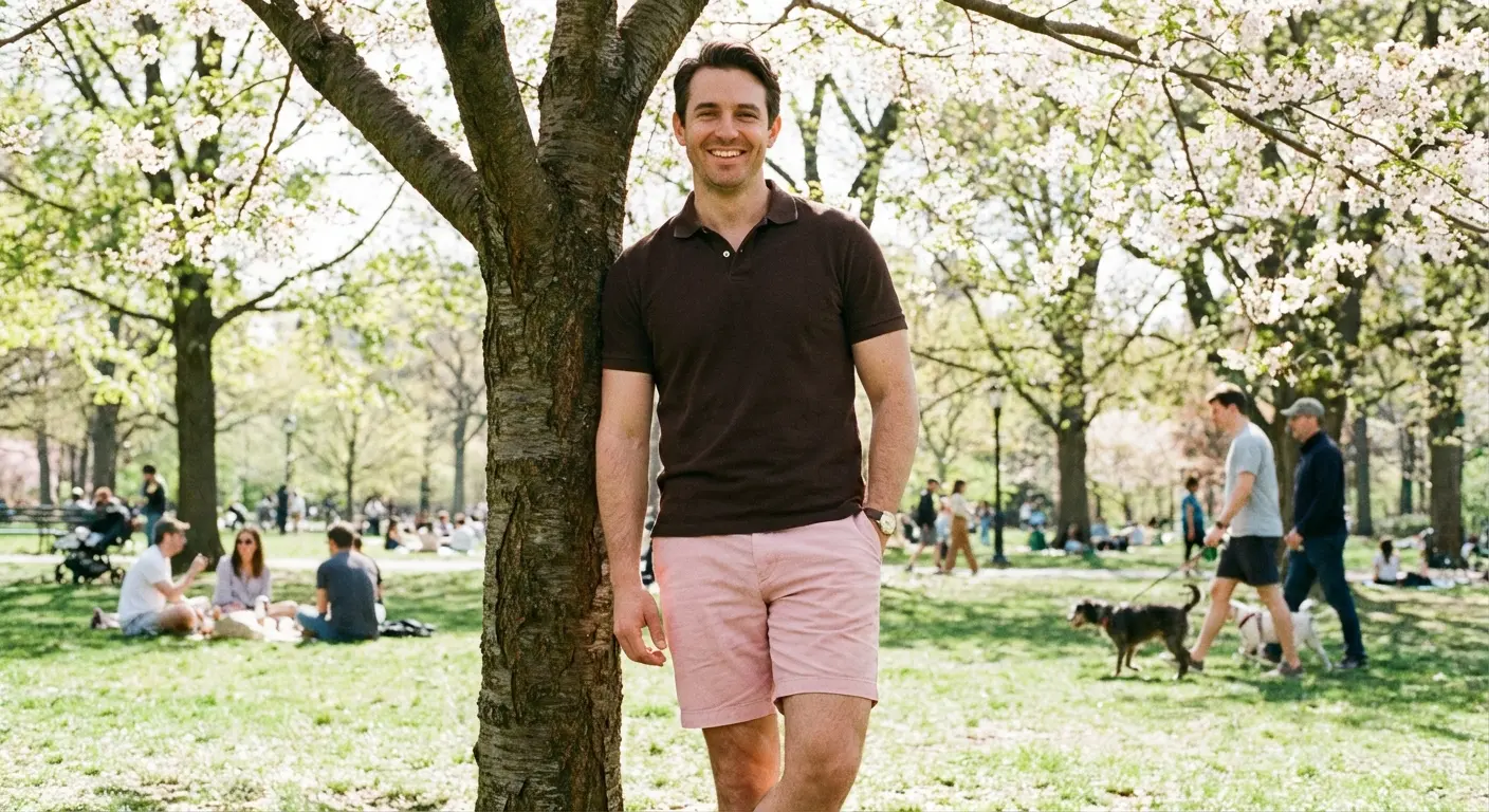 Pastel pink shorts with dark brown polo