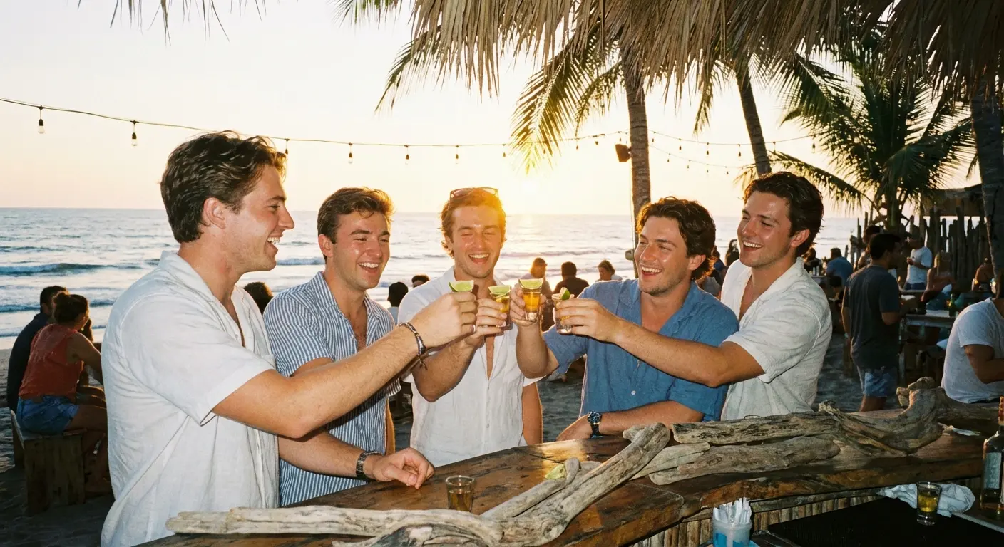 Group of men toasting drinks at a beach bar in Playa del Carmen