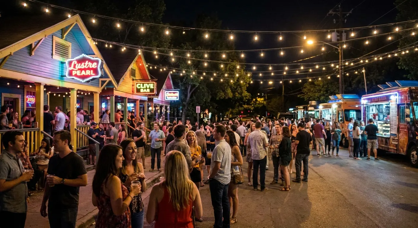 Crowded outdoor patio bar on Rainey Street in Austin
