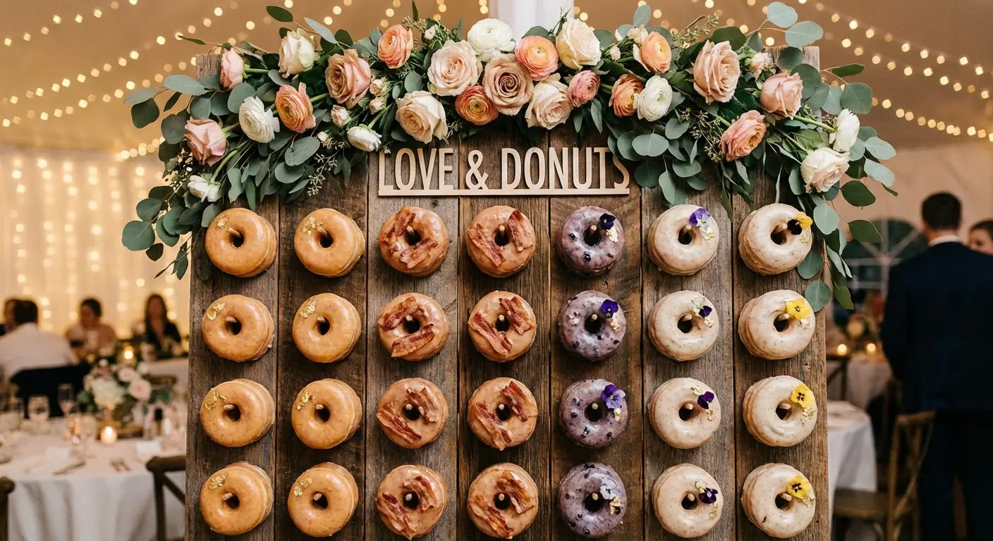 Donut wall with funny wedding puns