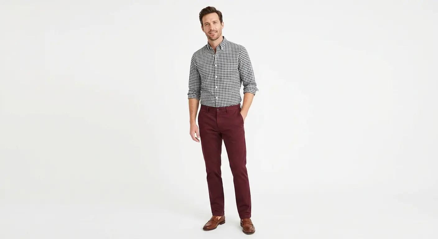 Man wearing gingham shirt with burgundy pants