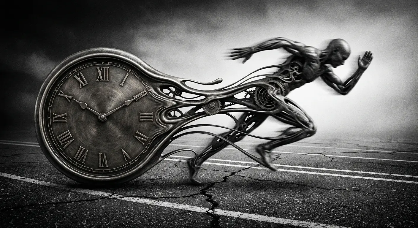 Time personified as a runner racing against humanity