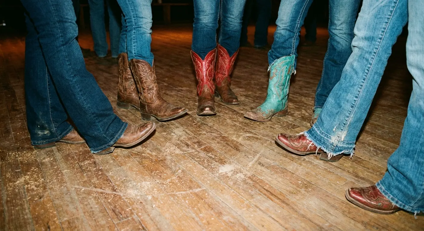Bridesmaids learning line dancing steps in a rustic barn