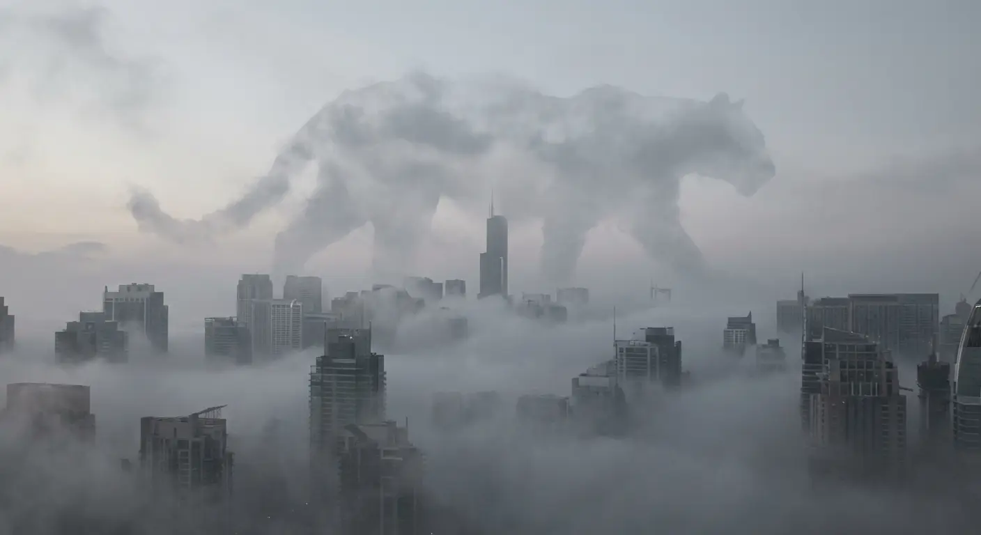 Fog creeping in on little cat feet over a city harbor