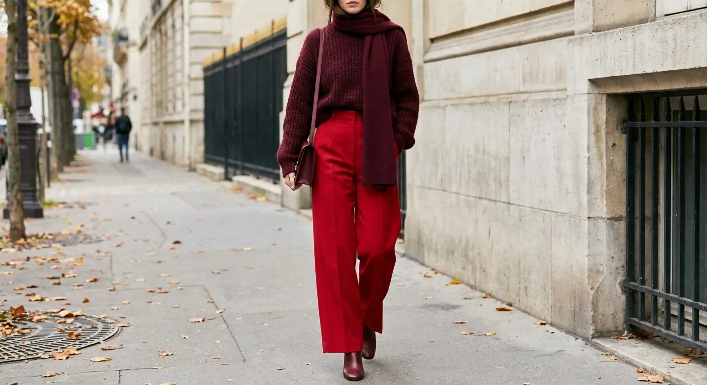 Wearing a burgundy shirt with bright red pants creates a gradient effect.