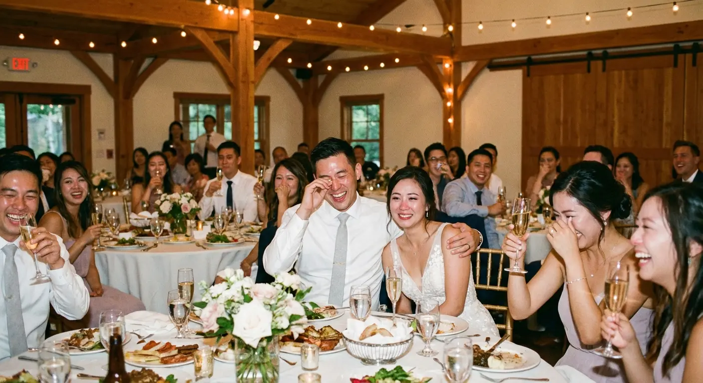 Wedding guests laughing and crying at a speech