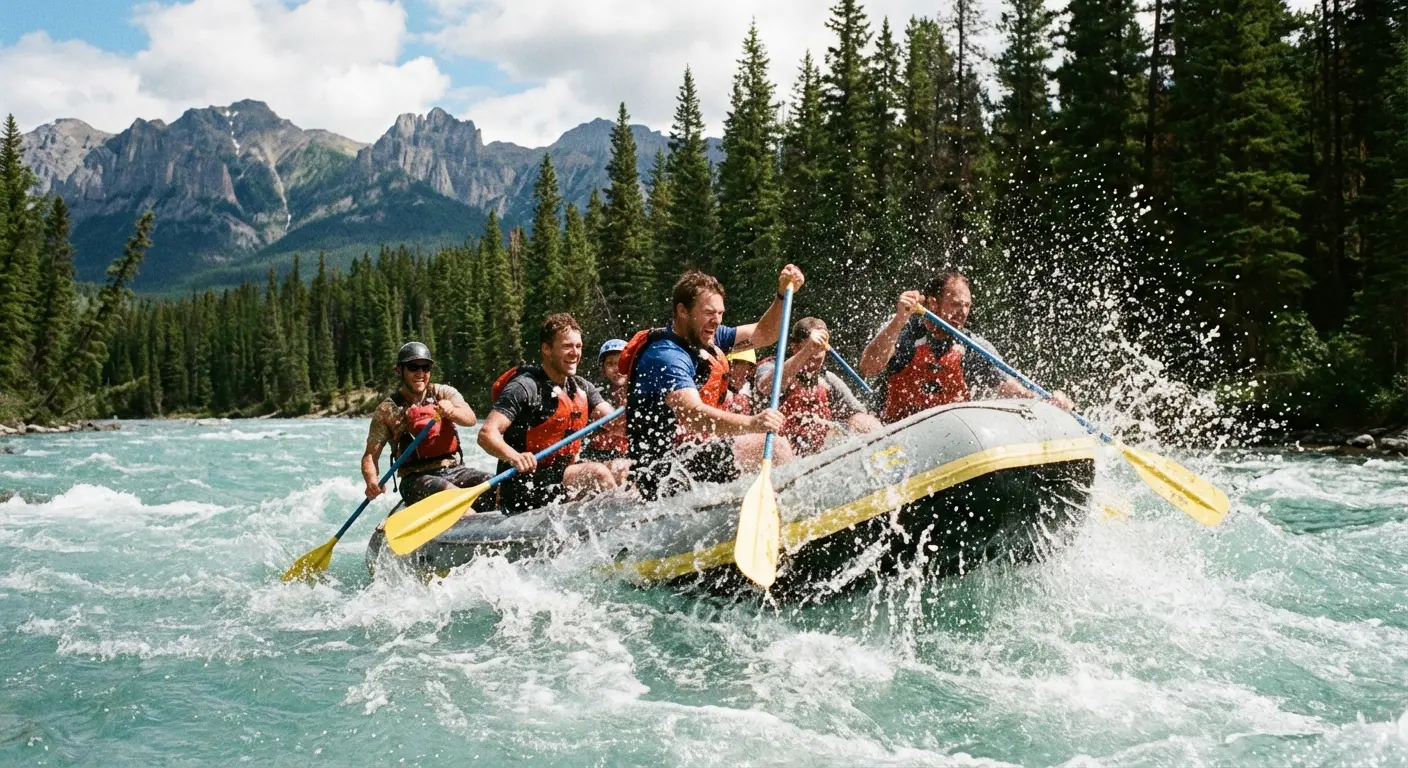 Group paddleboarding in False Creek with Vancouver city skyline in background