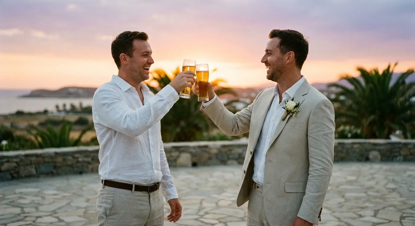 Stressed Best Man looking at a laptop trying to plan the bachelor party