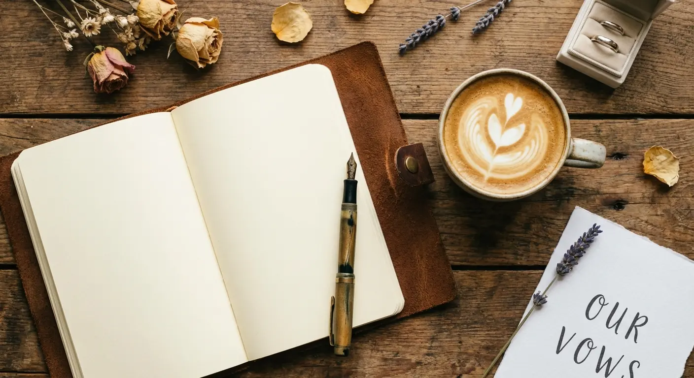 Bride writing her vows in a notebook