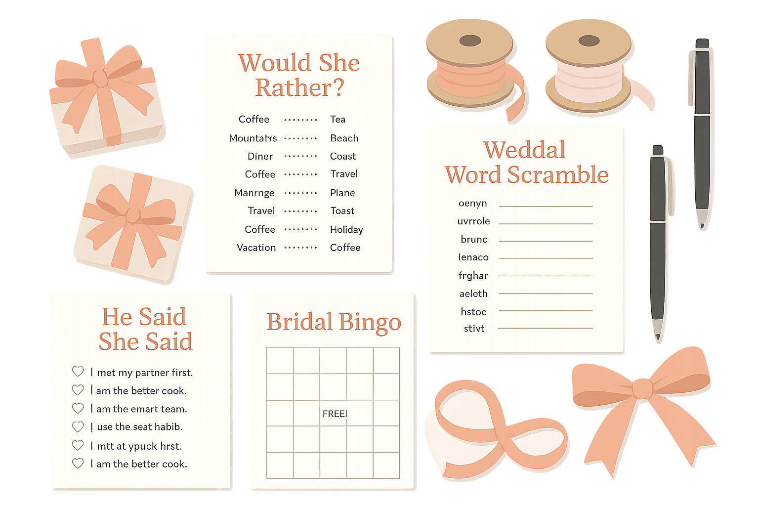 Bridal shower game supplies and decorations