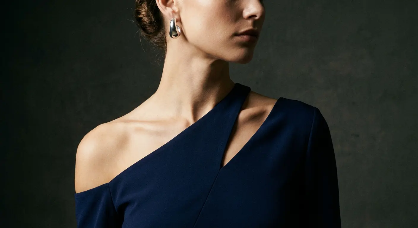 Woman modeling an asymmetrical slash neckline dress
