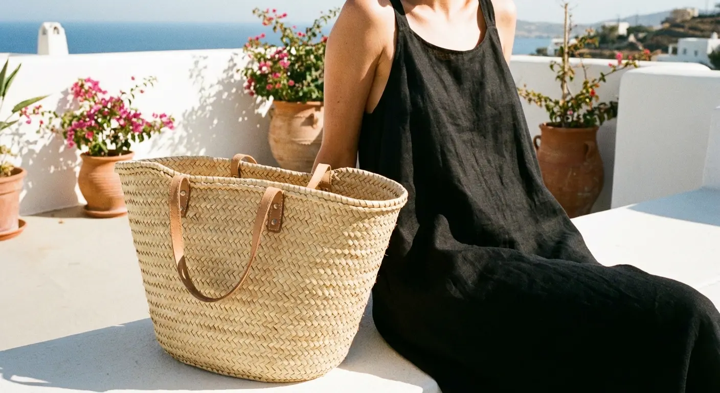 Straw woven bag styled with a summer black dress