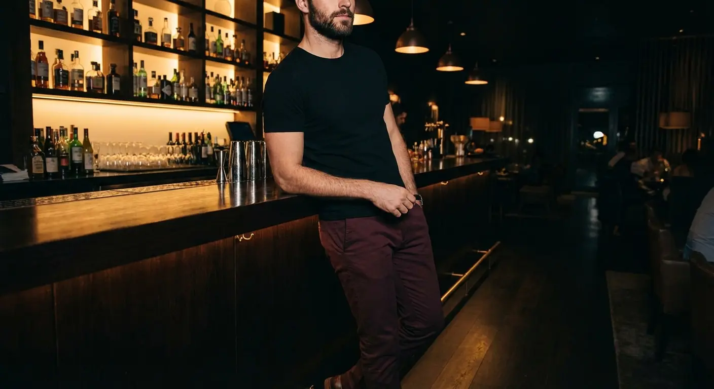 Man wearing black t-shirt with burgundy pants